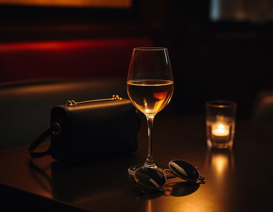 Copo de vinho branco e mala de couro sobre mesa escura